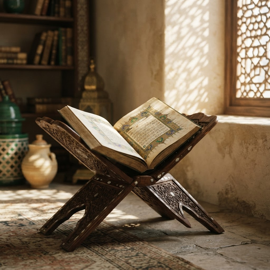 An open illuminated Qur'an on a wooden stand lit by patterned light through a geometric lattice window